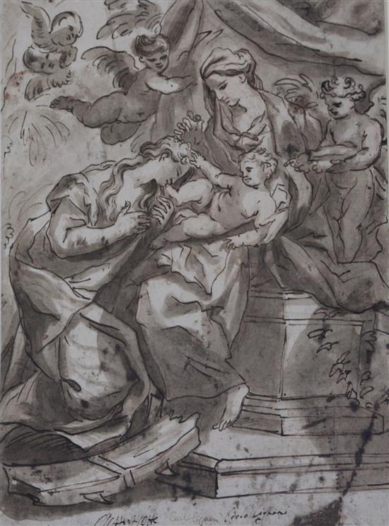 Circle of Carlo Cignani (1628-1719) Adoration of the Christ child 11.75 x 8.5in. unframed